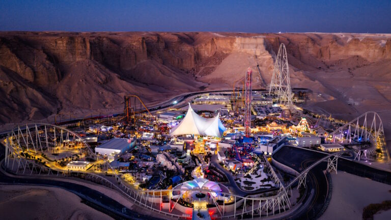 Six Flags Qiddiya City Aerial Shot of the Park 1 768x432